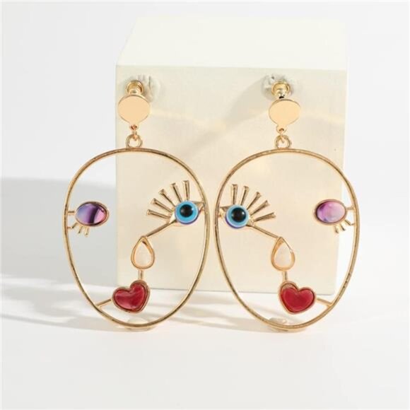 Vintage Abstract Face Earrings | Gold Alloy Art Earrings | Modern Minimalist Sta - Picture 1 of 6